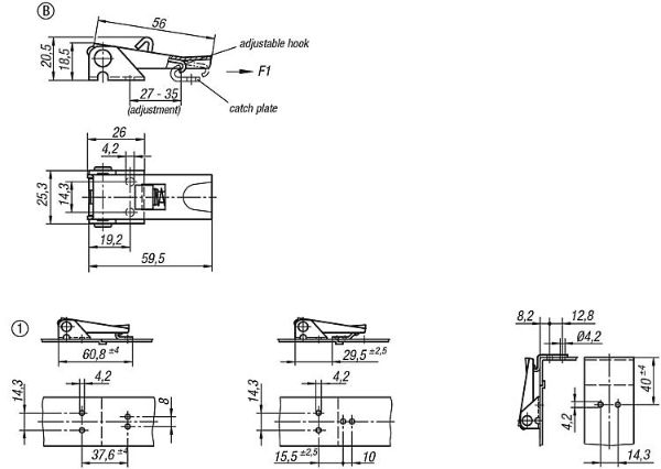 59mm Stainless Steel Adjustable Screw Latch with Safety Clip Dimensions