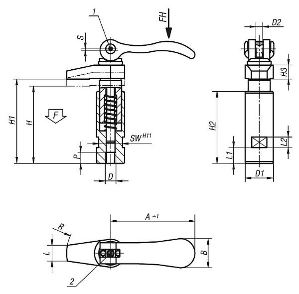 HOOK CLAMP W. COLLAR, WITH CAM LEVER, M12, D1=32, P=12, CARBON STEEL 