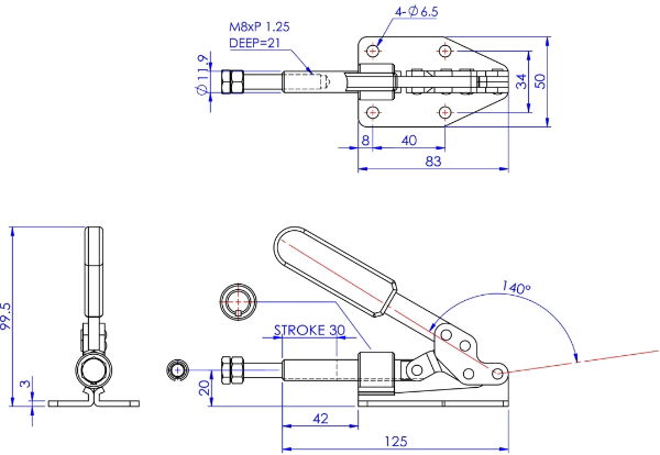 Stroke 30mm. Overall Length 125mm. With Keyway. Holding Force 180daN.