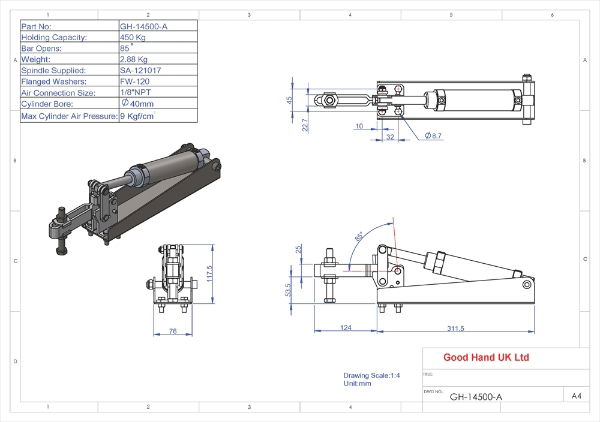 GH-14500-A Pneumatic Vertical Toggle Clamp 450Kg