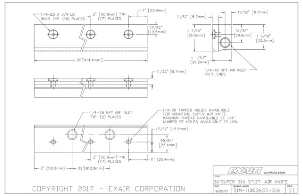 36" 316 Stainless Steel Super Air Knife Kit With Plumbing Kit Installed