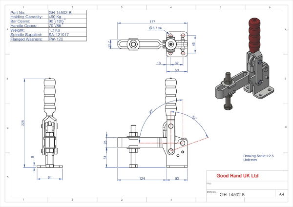 GH-14502-B 450Kg vertical toggle clamp with flat base and slotted arm