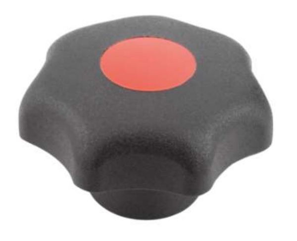 STAR GRIP SIMILAR TO DIN6336 D=M05, D1=25 H=16, FORM:K, THERMOPLASTIC BLACK, COMP:STAINLESS STEEL CAP:RED