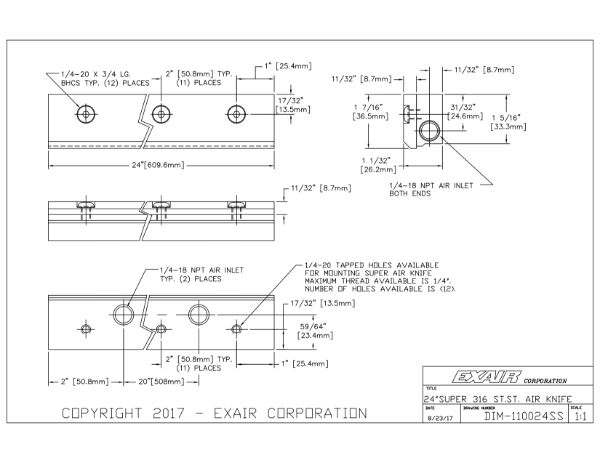 24" 316 Stainless Steel Super Air Knife Kit With Plumbing Kit Installed