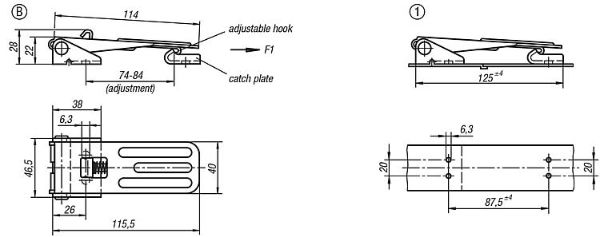 115mm Steel Adjustable Screw Latch with Safety Clip Dimensions