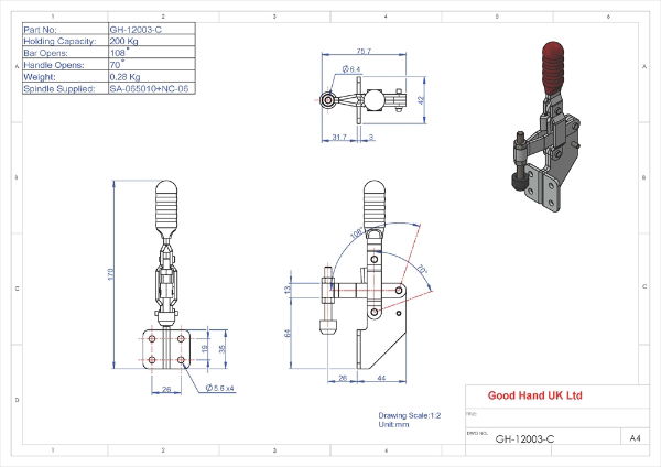 GH-12003-C 200Kg side mounting vertical toggle clamp