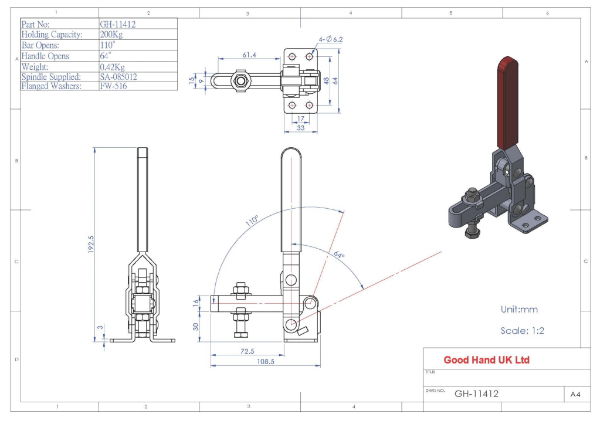 GH-11412 200Kg vertical toggle clamp with flat base and slotted arm