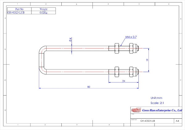 GH-40323-LUB Long Steel U Bolt M4 x 80mm